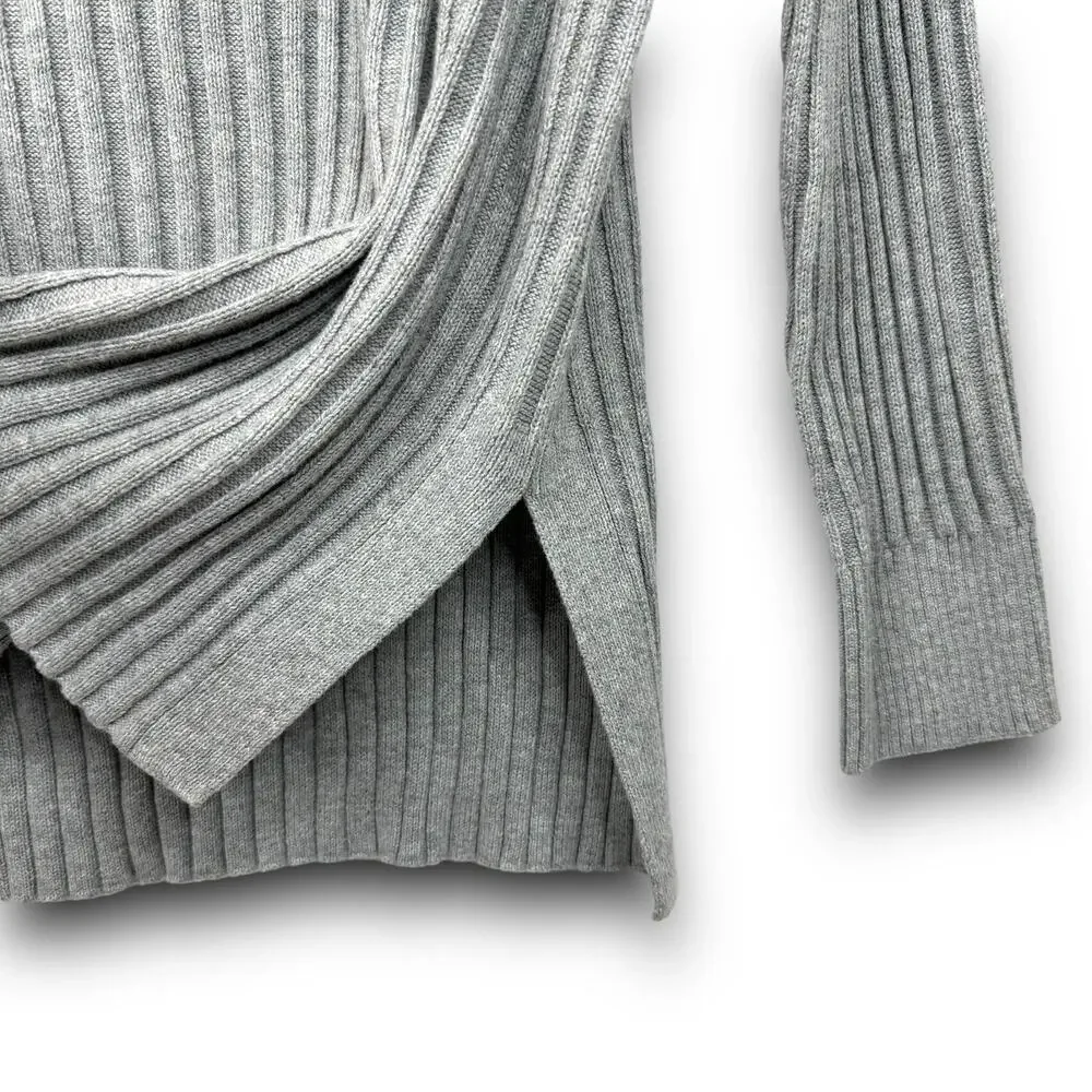 NEW Open Edit Ribbed Sweater Asymmetric Vneck Tunic Long Sleeve Gray Size Small